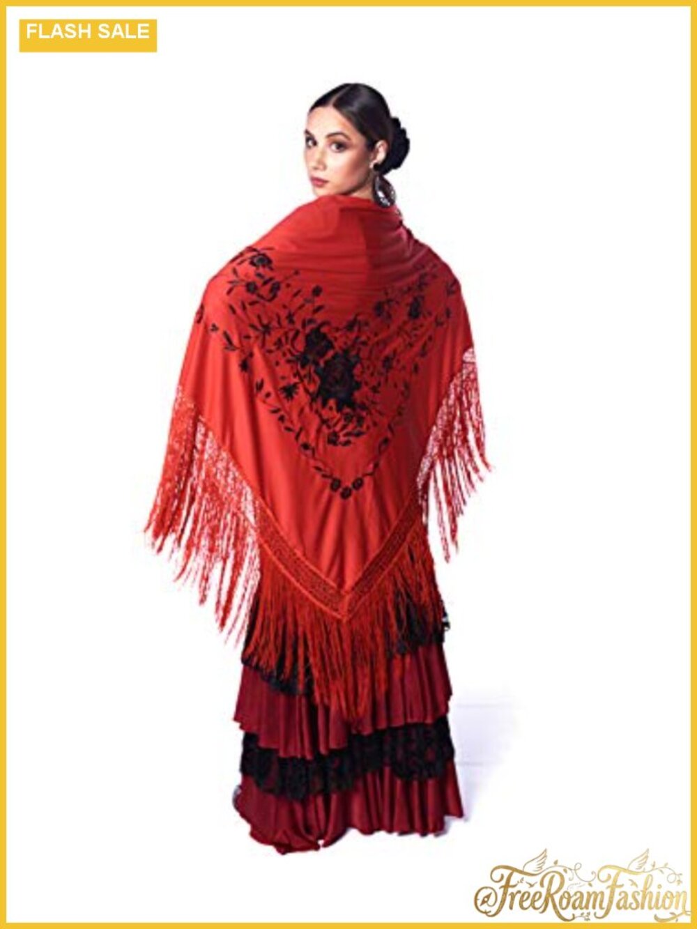 Flamenco Triangle Shawl with Fringes Embroidered Roses Large Wrap